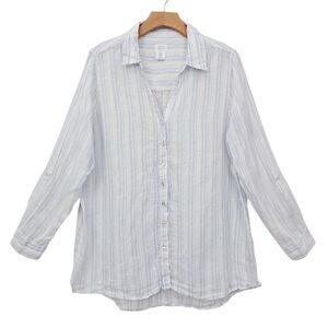 Sigrid Olsen Shirt Womens 1X Blue Stripes 100% Linen Roll Tab Sleeve Nautical